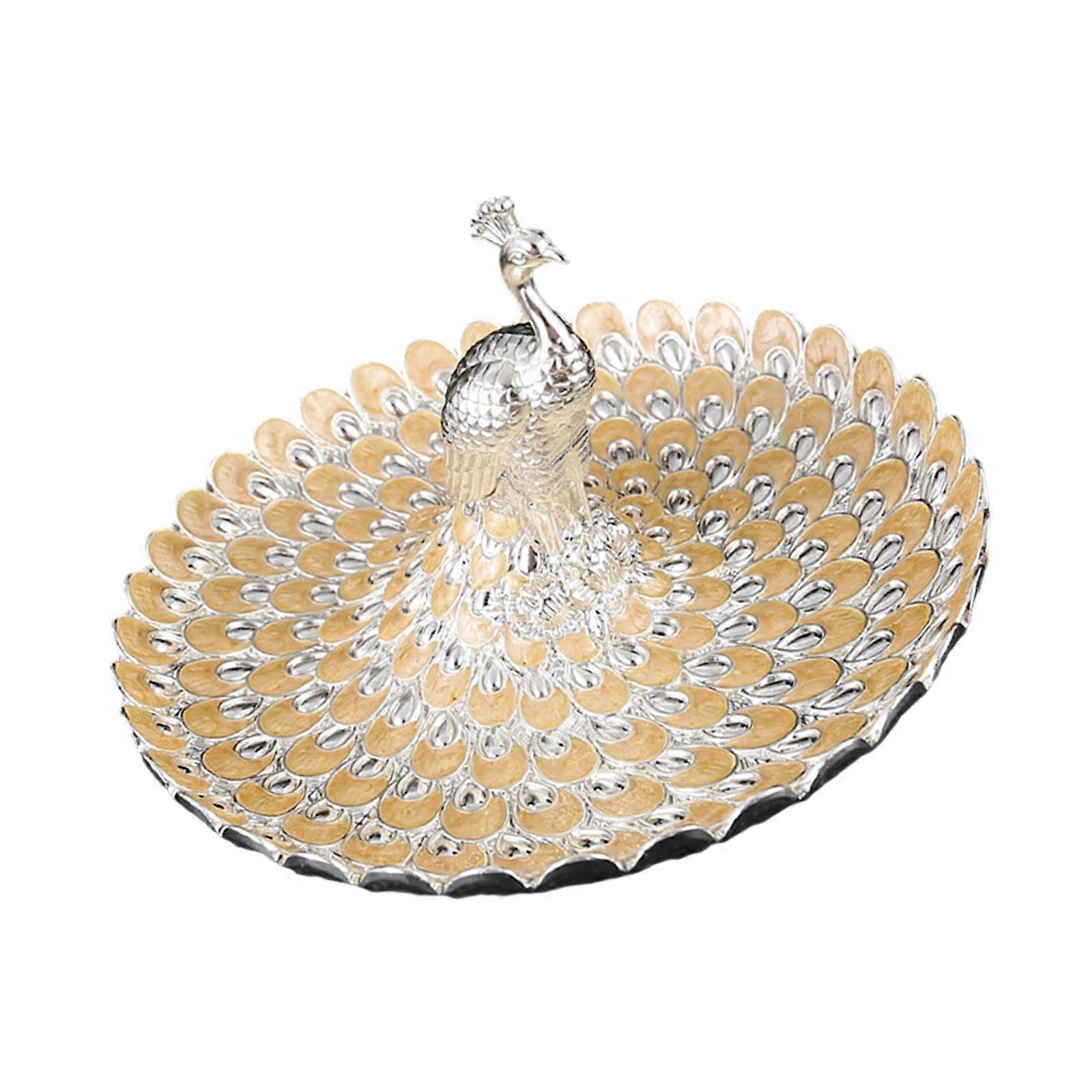 طبق تقديم معدني منقوش معقد تصميم الطاووس طبق الوجبات الخفيفة متين 20 سم للتجمعات العائلية الفضة البرتقالي الأصفر