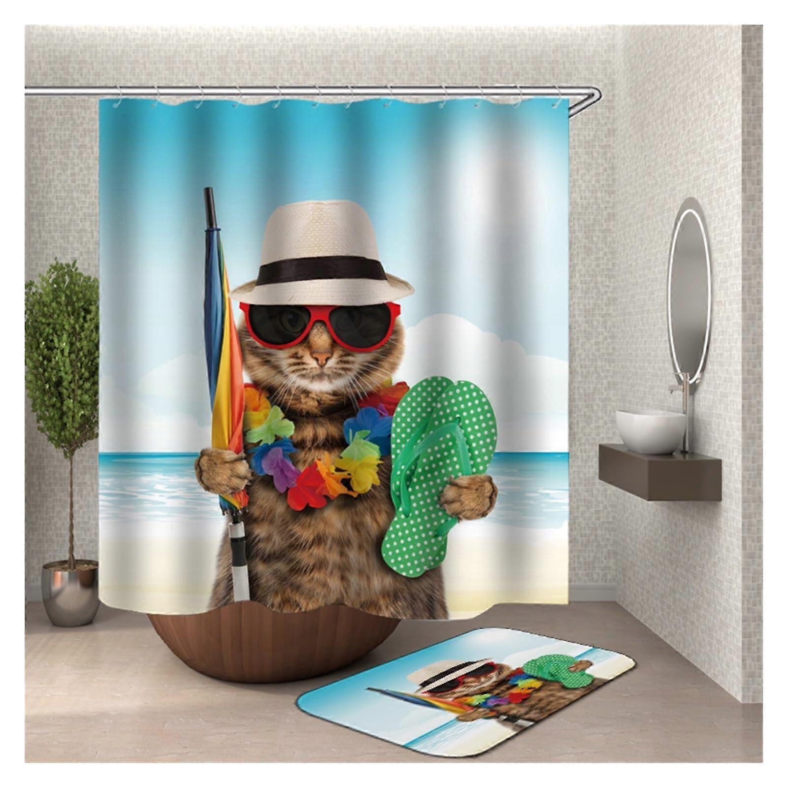 Shower Curtain Printed Polyester Funny Cat Design Waterproof Bathroom Divider 60''W x 71''H Color E