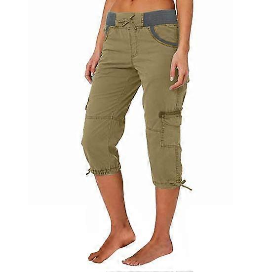 Women Cropped Drawstring Waist Wide Elastic Waistband Pure Multi Pockets Retractable Foot Leg Daily Wear School