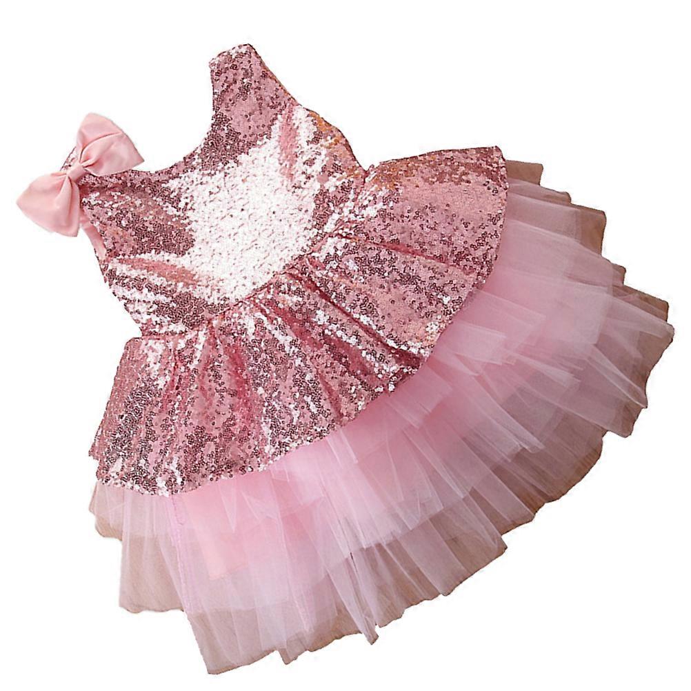 Infant Apparel Sequins Bowknot Dress Outfits For Dancing In Pink 100Cm 1Pack