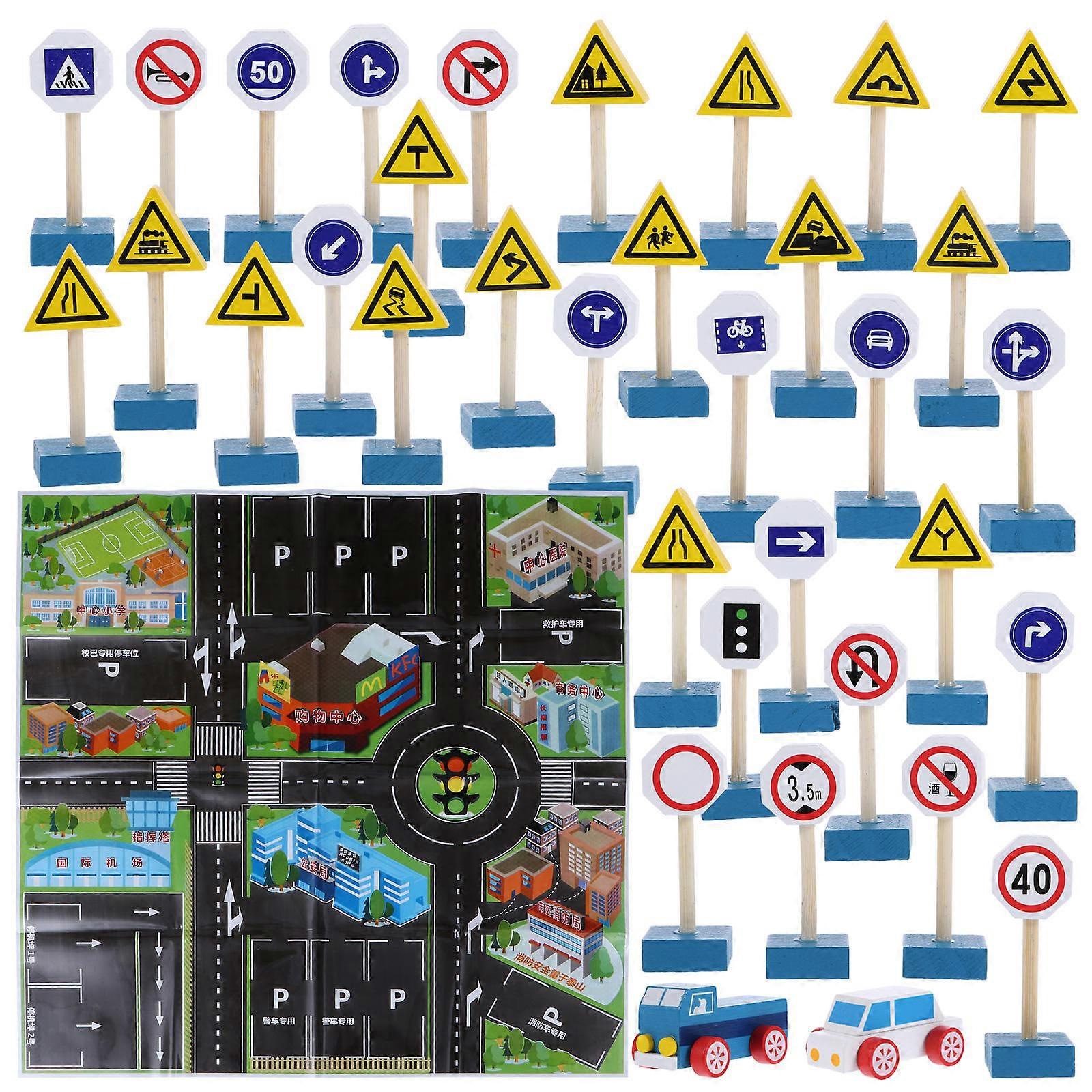 Wooden Road Sign Traffic Signs with Cars and Map Simulation for Preschool Traffic and Imaginative Play