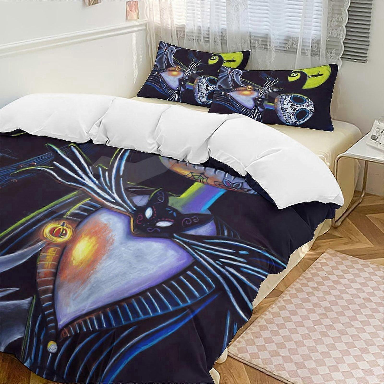 v7016 Bed Sheets Bedding Green Black The Nightmare Before Christmas Comforter Set Soft 3 Pcs Twin Bedding Sets Thicken for All Season, 1 Comforter 2