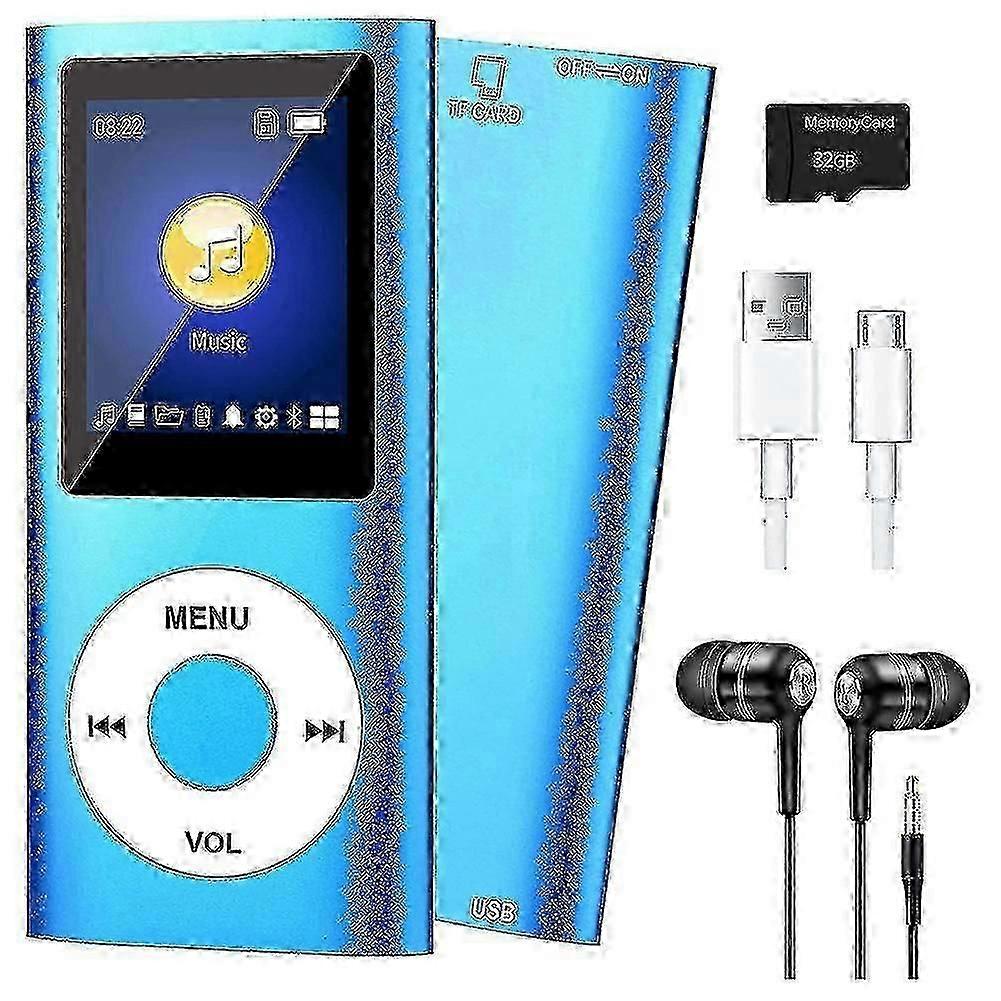 Sleek Bluetooth 5.0 MP3 Player with 32GB TF Card & FM Radio - HiFi Sound & Portable Design (Blue)