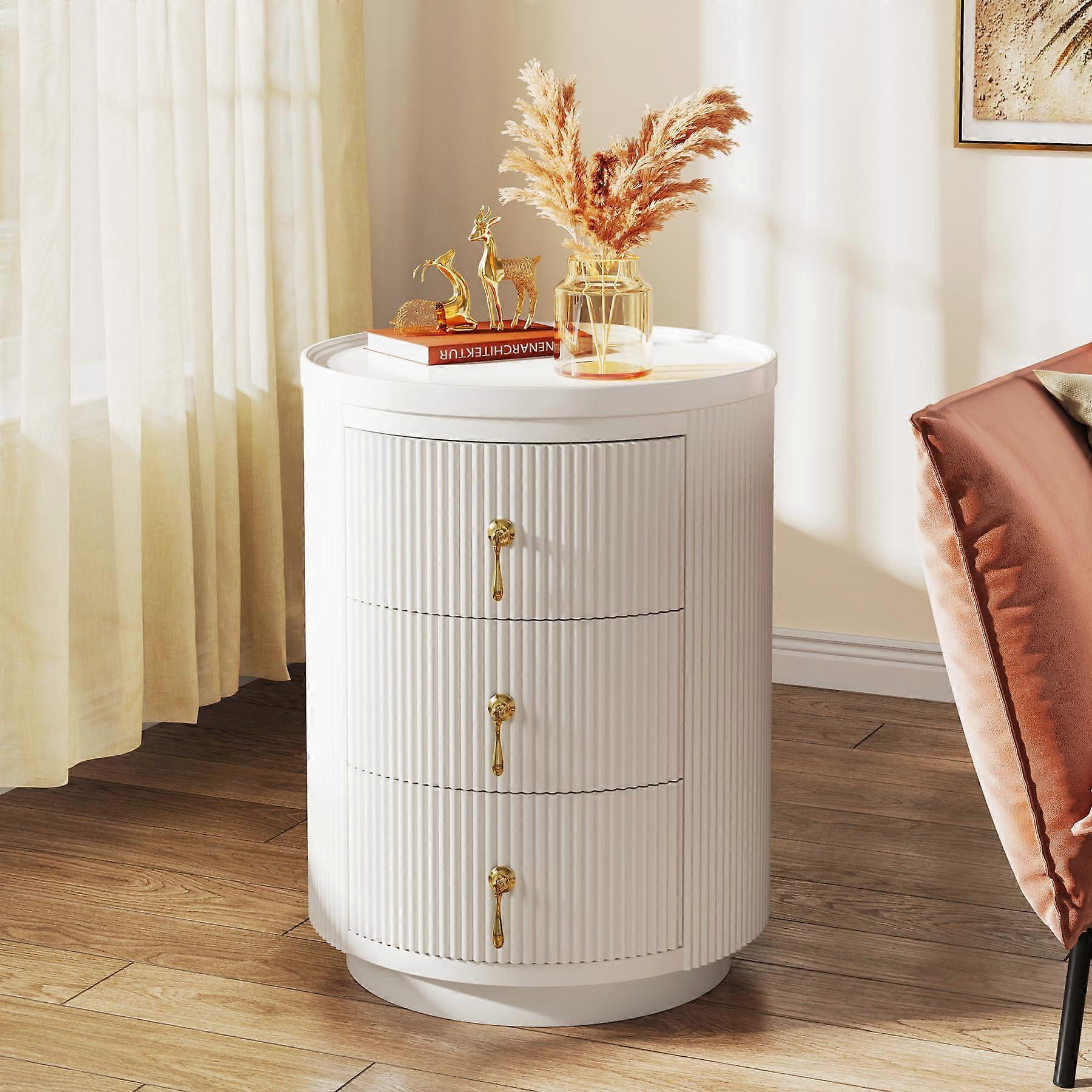 Tribesigns Bedside Table with 3 Drawers, Modern Nightstand End Table, No Assembly Modern Round End Side Table, 40.5 x 40.5 x 53cm (White)