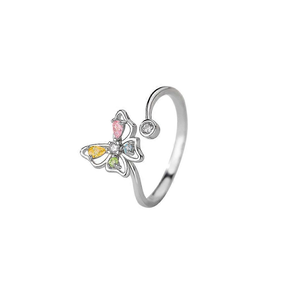 Rotatable Butterfly Ring with Colorful Stones, S925 Silver, Ice Flower Cut, Open Adjustable Women's Index Ring, Electroplated