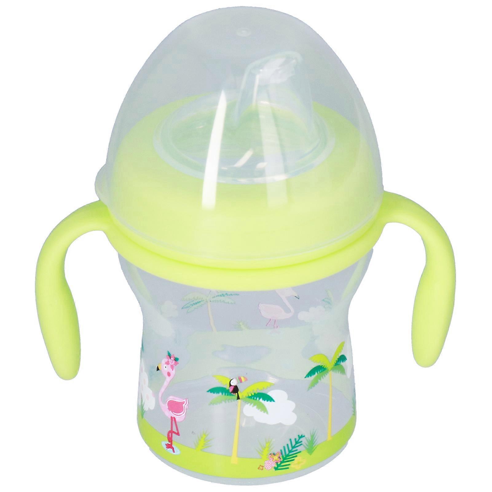 Baby Training Cup for 3 Months and Older, with Handle, Leak-Proof, Duckbill Shape, Green (Cute Flamingo Pattern)