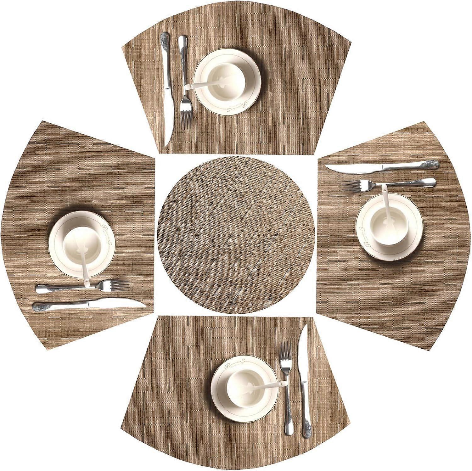 Round Table Placemats Set Wedge Shaped Place Mat With Centerpiece Round Mat Heat Resistant Table Mats Washable, Tan