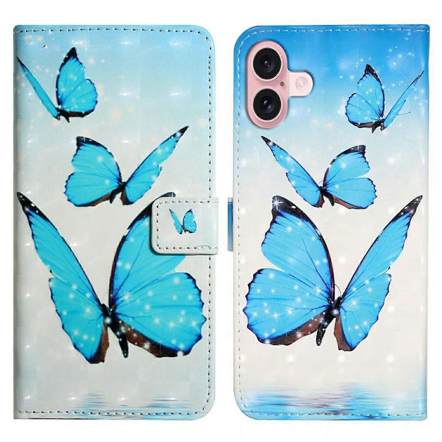 For iPhone 16 Plus Case Stand Card Holder Leather Phone Cover 3D Creative Pattern Design - Three But