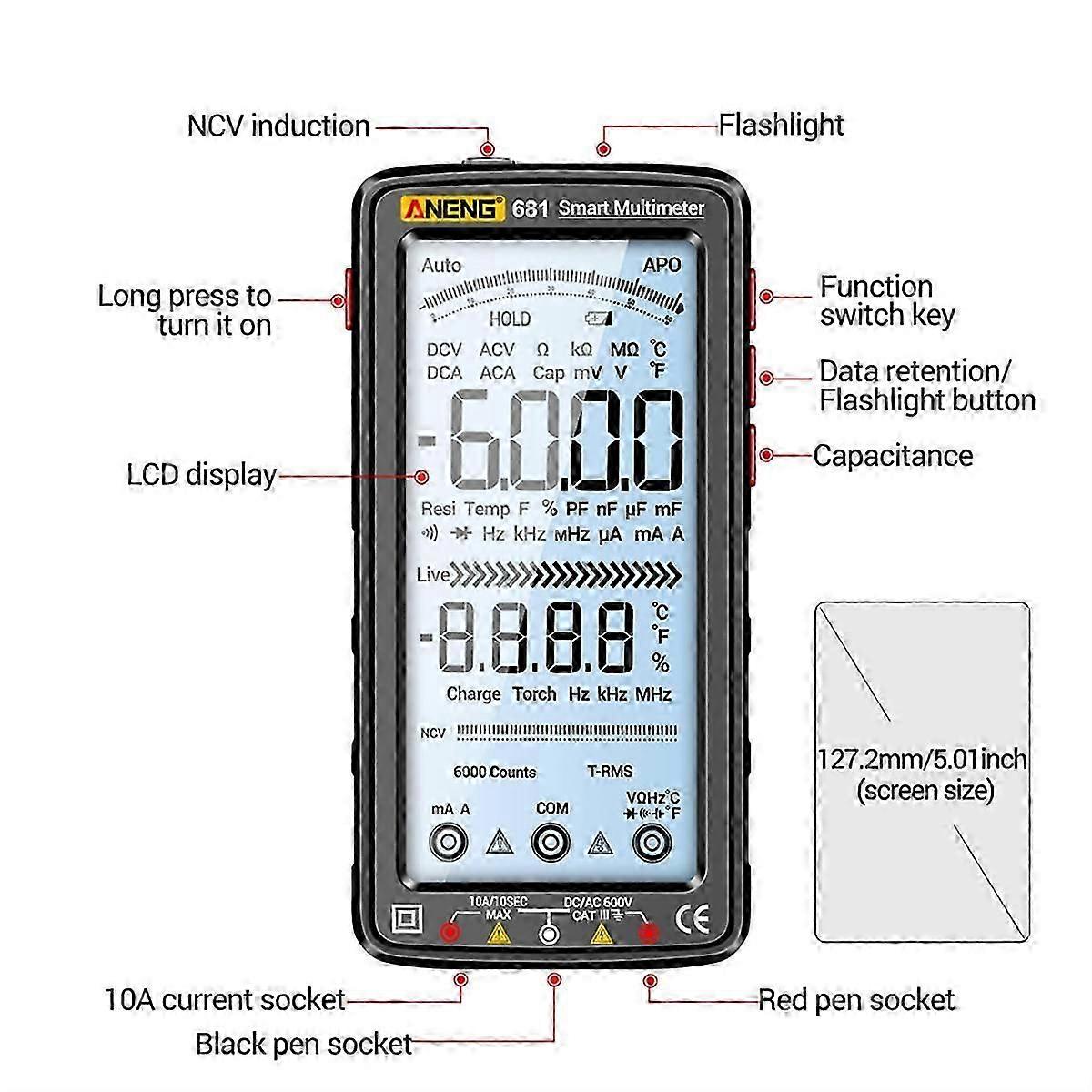 681 Rechargable Digital Multimeter Non-Contact Voltage Tester Voltage Meter LCD Screen Current Test