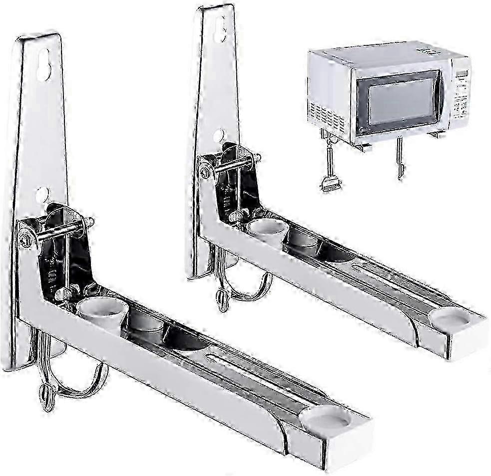 304 Stainless Steel Microwave Racks with Telescopic Arms and 2 Hooks Wall Mountable Stand for 2 Units