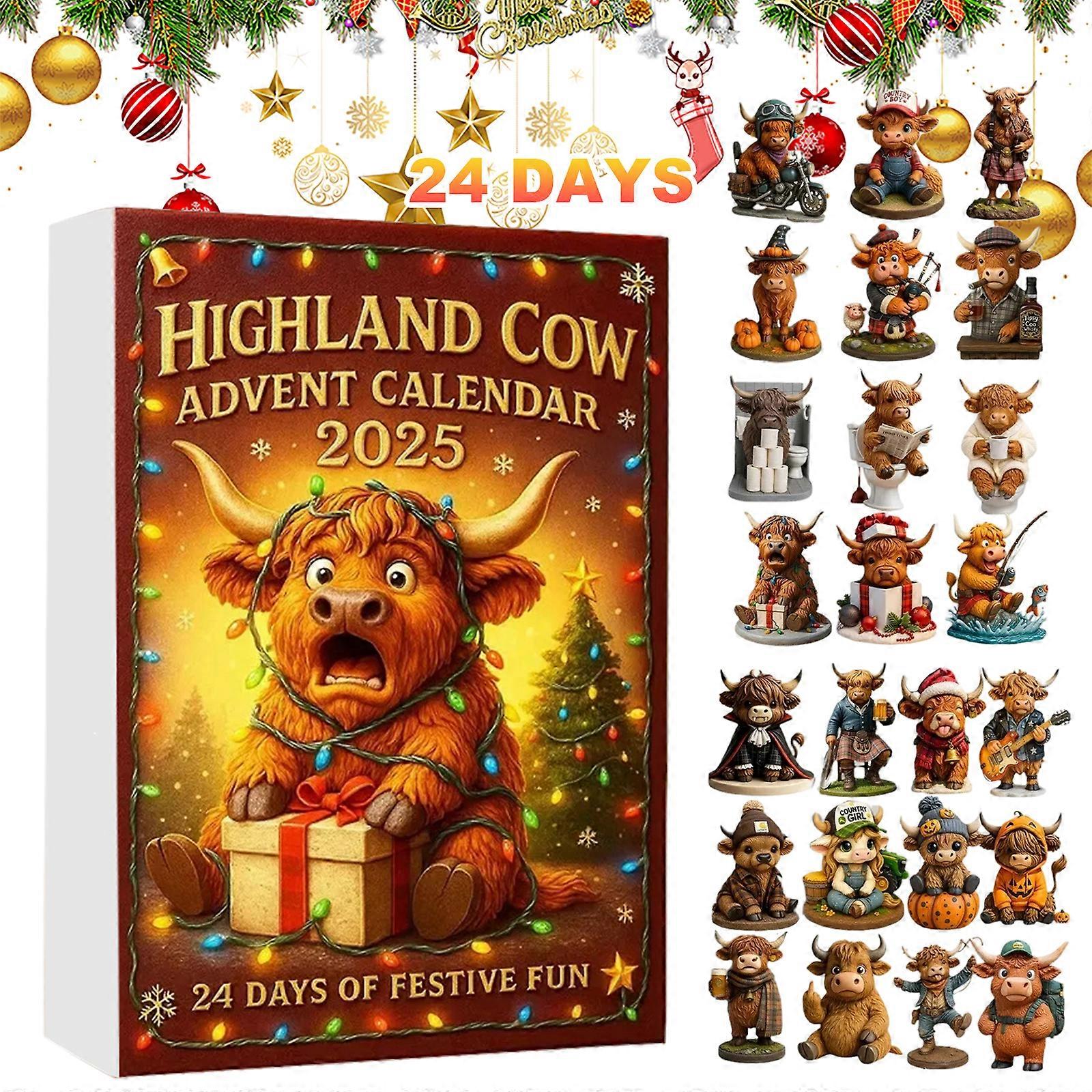 Highland Cow 24 Days Christmas Countdown Calendar with 24 Highland Cow Ornaments Advent Countdown Calendar for Christmas Tree