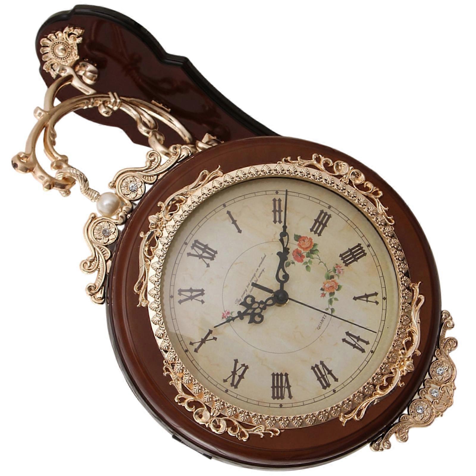 Space Saving Double Display Wall Clock Quiet Movement European Antique Hanging Clock Perfect For Kitchens Dorm Room  Wooden