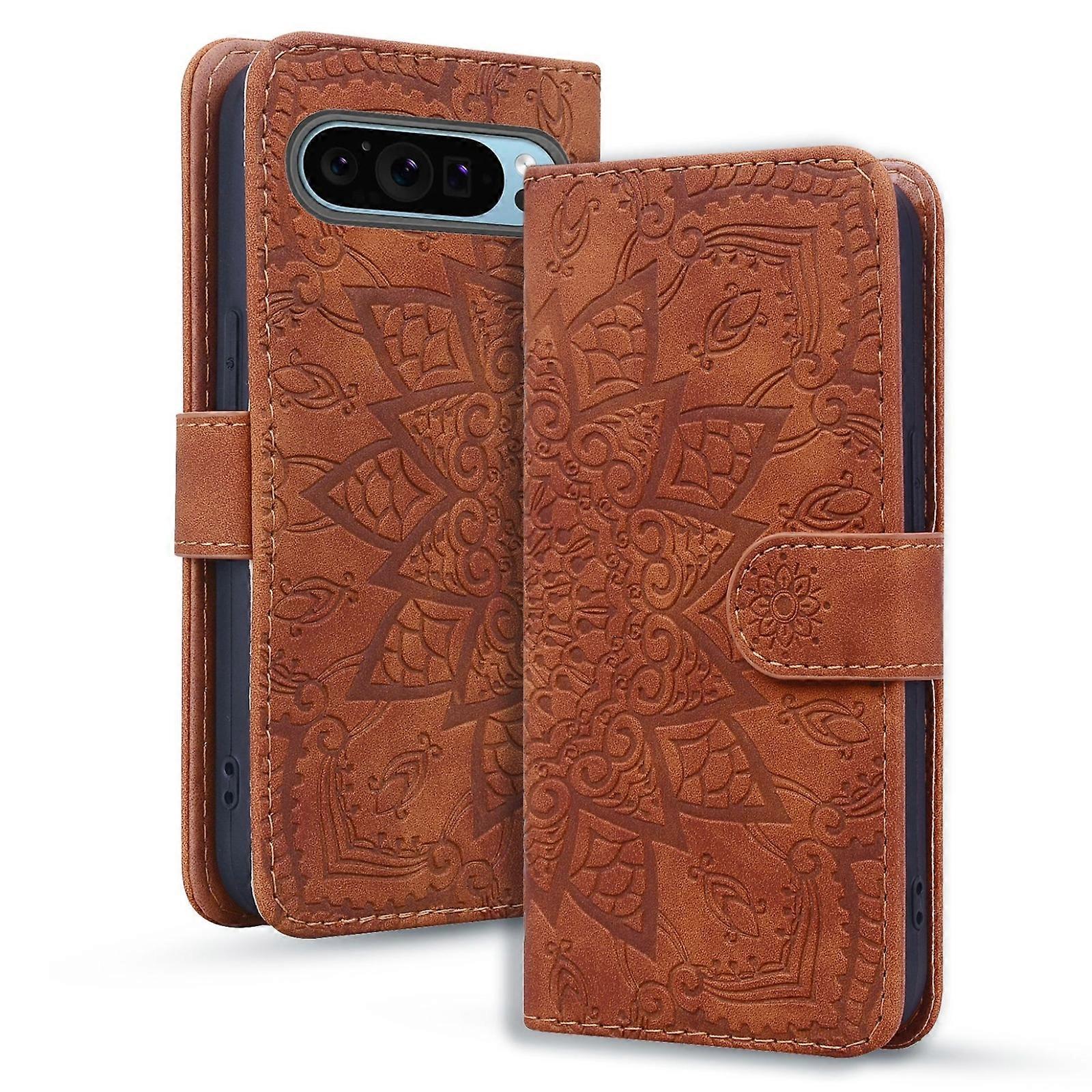 Mandala Embossed Dual-Fold Calf Leather Phone Case