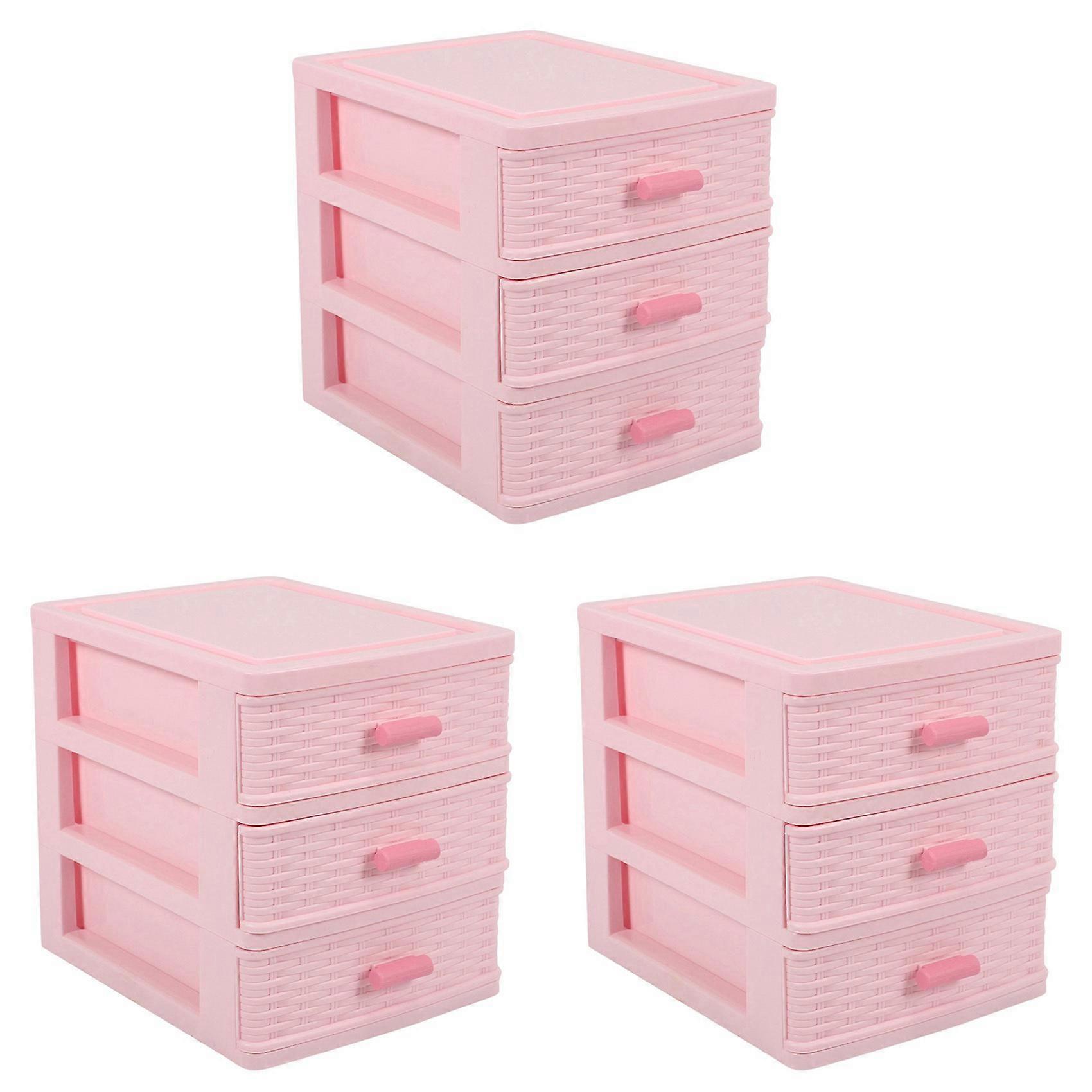 3X Plastic Drawer Designed 3 Compartment Jewelry Storage Box Pink