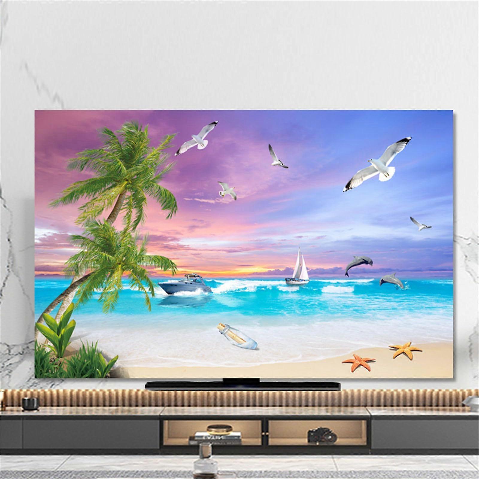 TV Dust Cover 32 Inch Palm Tree Design, Elastic Breathable TV Screen Protector with Beach Pattern