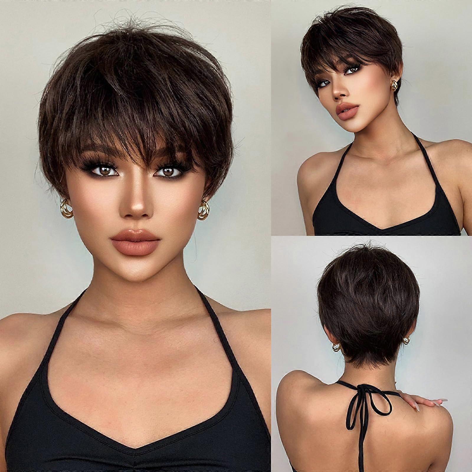Pixie Cut Wig Deep Chocolate Brown Textured Short Style with Bangs and Natural Layered Volume