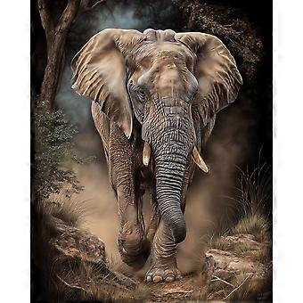 Elefant går mot betraktaren, betar, torrt gräs, pussel, hjärngympa, V4904