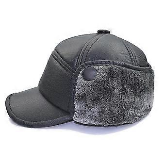 Leather Berets Men's Leather Ear Cover Middle-aged Winter Leather Forward Adjustable Warm Leather (Black)