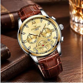 Men's Watch Brown Leather Strap Gold Dial Two-Tone Case FNGEEN JY