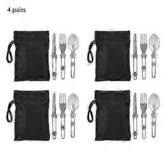 4 Set Portable Folding Stainless Steel Cutlery Set with Spoon Fork Knife and Cloth Bag for Camping Picnic BBQ Travel and Office Lunch
