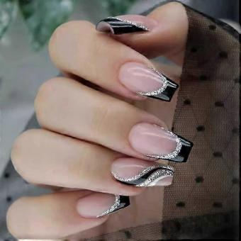 Black Press On Nails Set Short Fake Nails for Women French Acrylic Full Cover 24PCS-ad