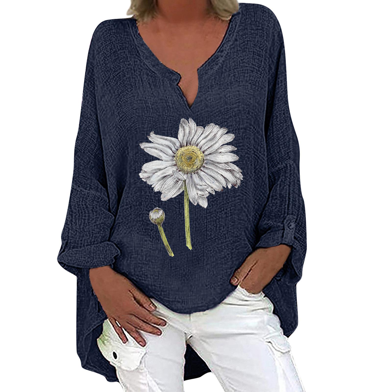 Kvinder afslappet blomsterbluse Linned T Shirt Damer Langærmede toppe Pullover Tee