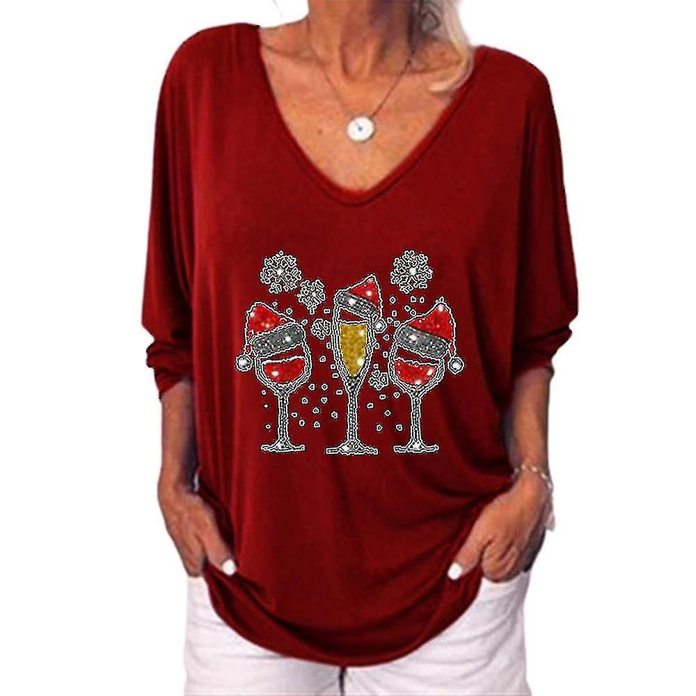 Mujeres Navidad estampada túnica tops V cuello camisas blusa Plus tamaño botón camiseta Tee Alta calidad