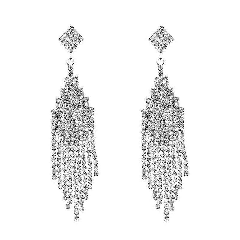 Silver drop crystal long tassel dangle earrings