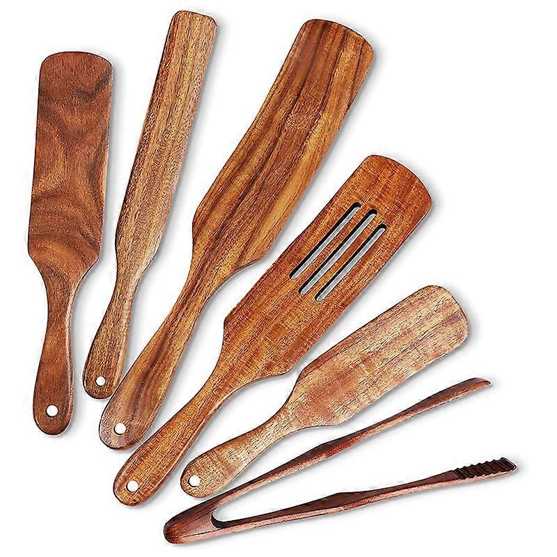 6 Pcs Wooden Spurtle Set, Teak Spurtle Set Heat Resistant Wooden Spatula Cooking Utensils Set Non-S