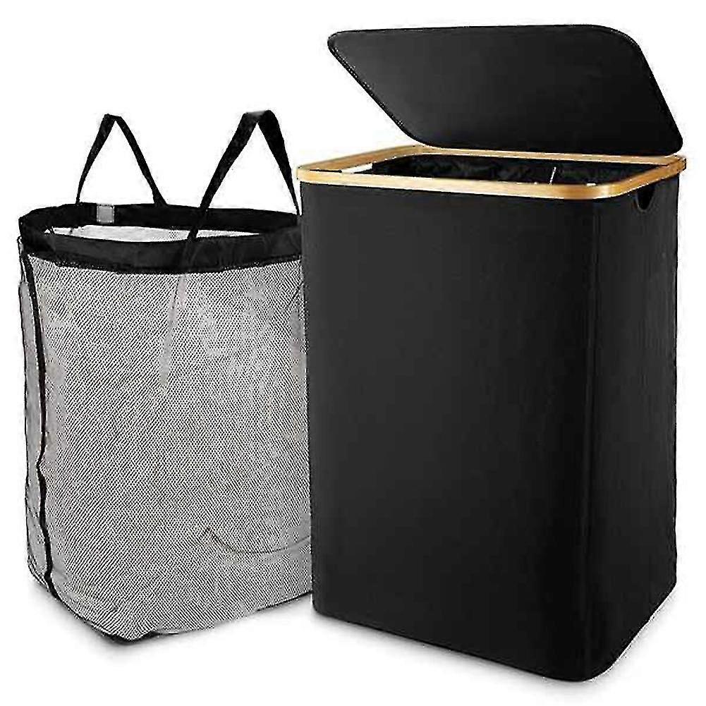 Cesta de lavanderia com tampa, cesto de lavanderia preta com saco de lavanderia removível - Sorter de lavanderia para banhista