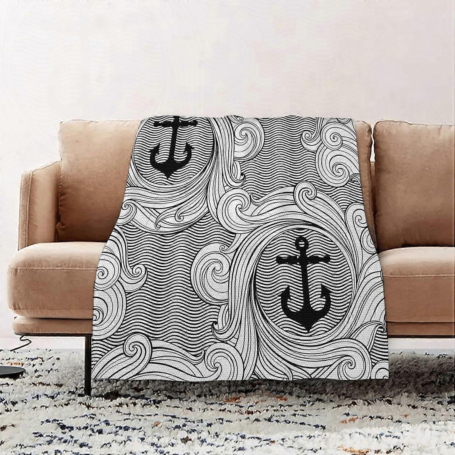 Premium Flannel Throw Blanket - Anchor Pattern on Sea Themed Wavy Lines Scrolling Spirals Ocean Marine flannel Blanket Sofa Throw, Blanket Fluffy Soft