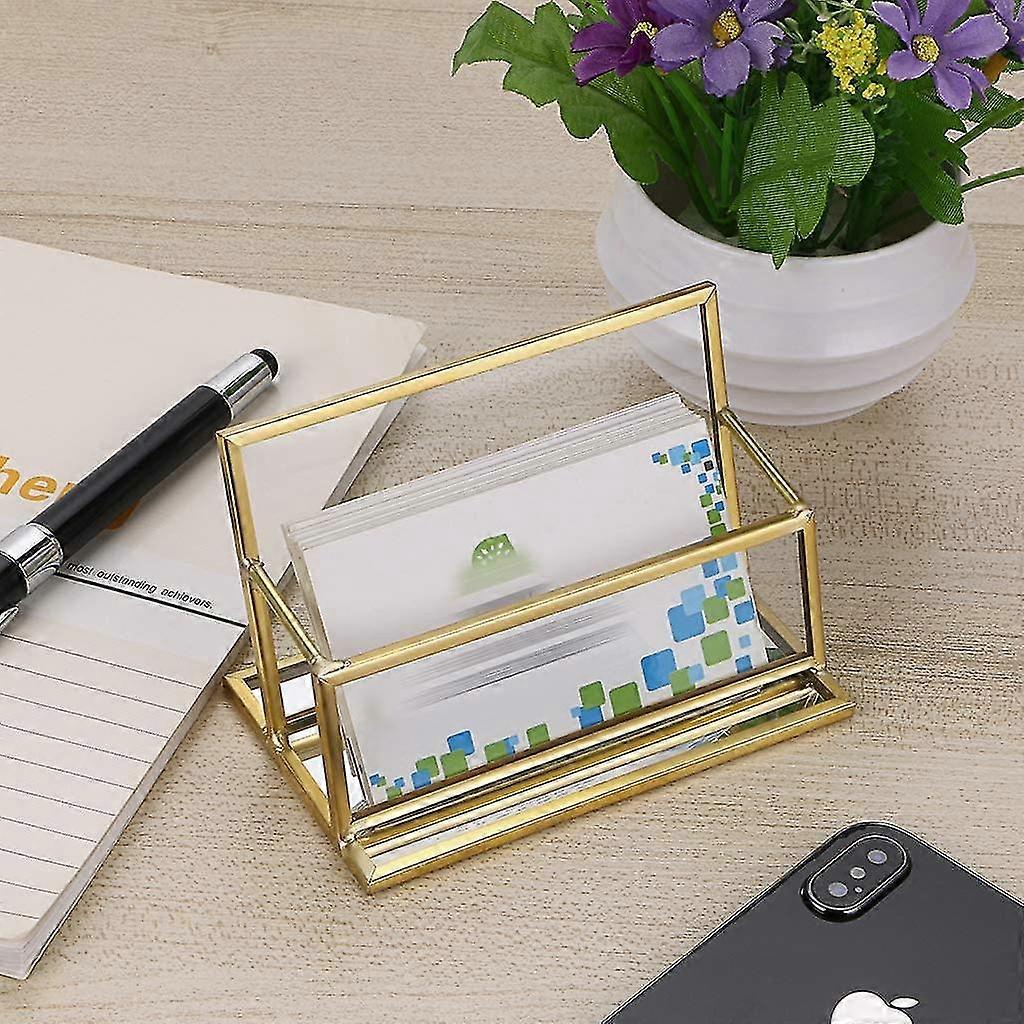 Glass Business Card Holder Stand - Vintage Gold Metal Name Card Display Stand Office Desktop Co