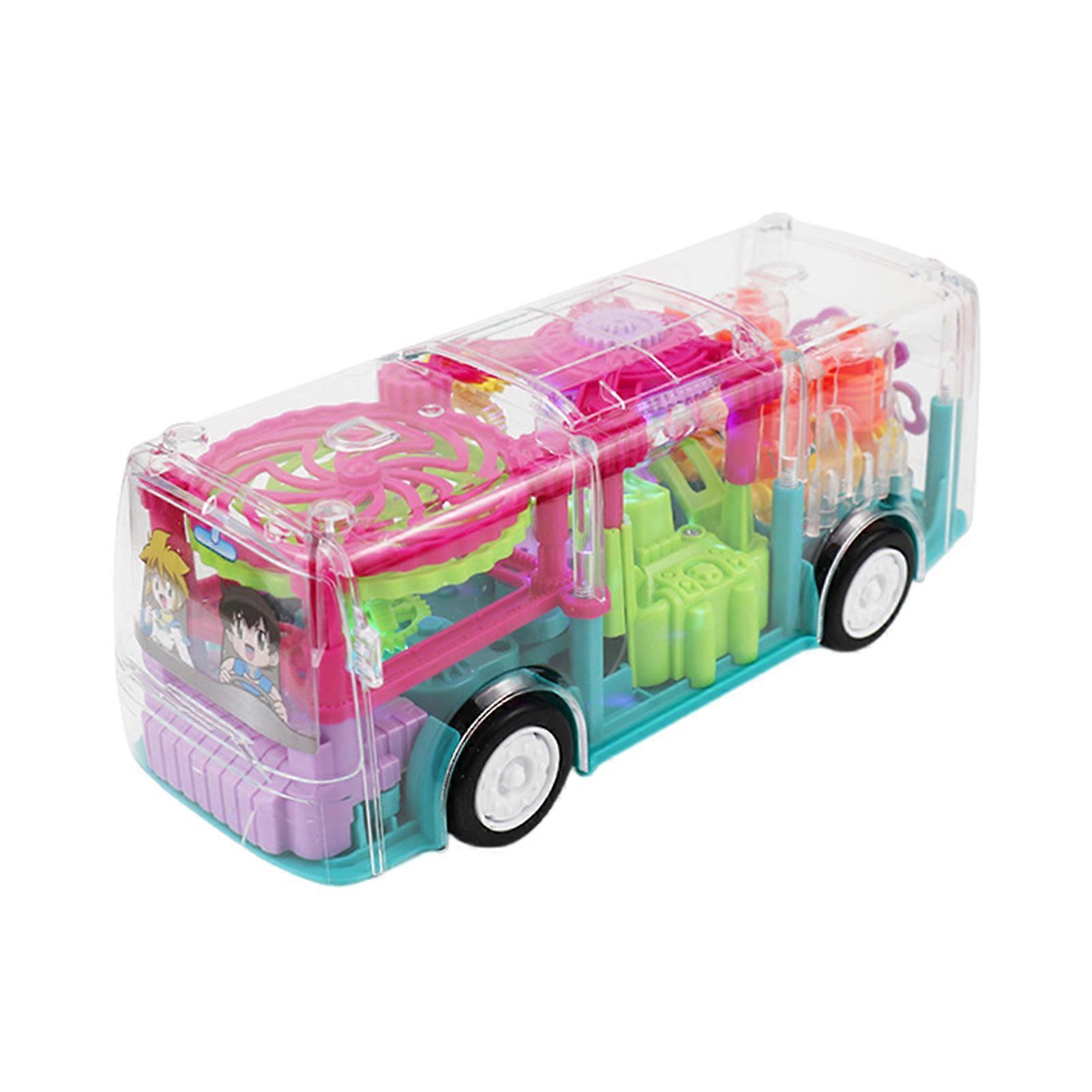 Clear Bus Toy Kids Transparent Sensory Toys with Colorful Flashing Lights Visual Gear Structure Music Universal Wheel Toy Car Gift for Toddlers