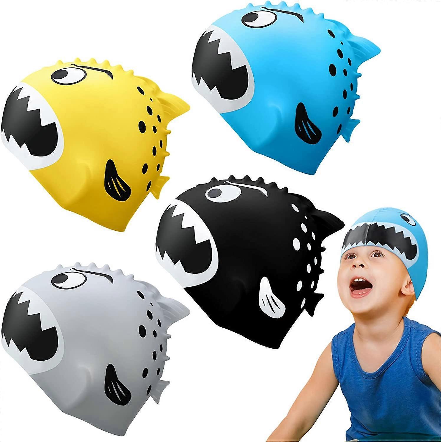 4-częściowe czepki pływackie dla dzieci Silikonowe czapki do pływania w wieku 3-12 lat Czepki pływackie dla maluchów z rekinem z kreskówek i płetwami na długie i krótkie włosy