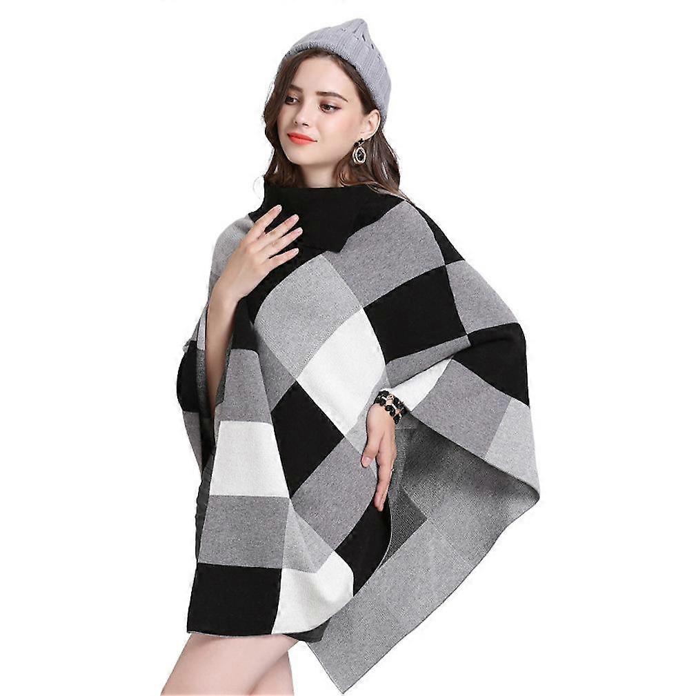 Warm Turn-Down Collar Pullover Cape Mid-Long Plaid Shawls for Lady