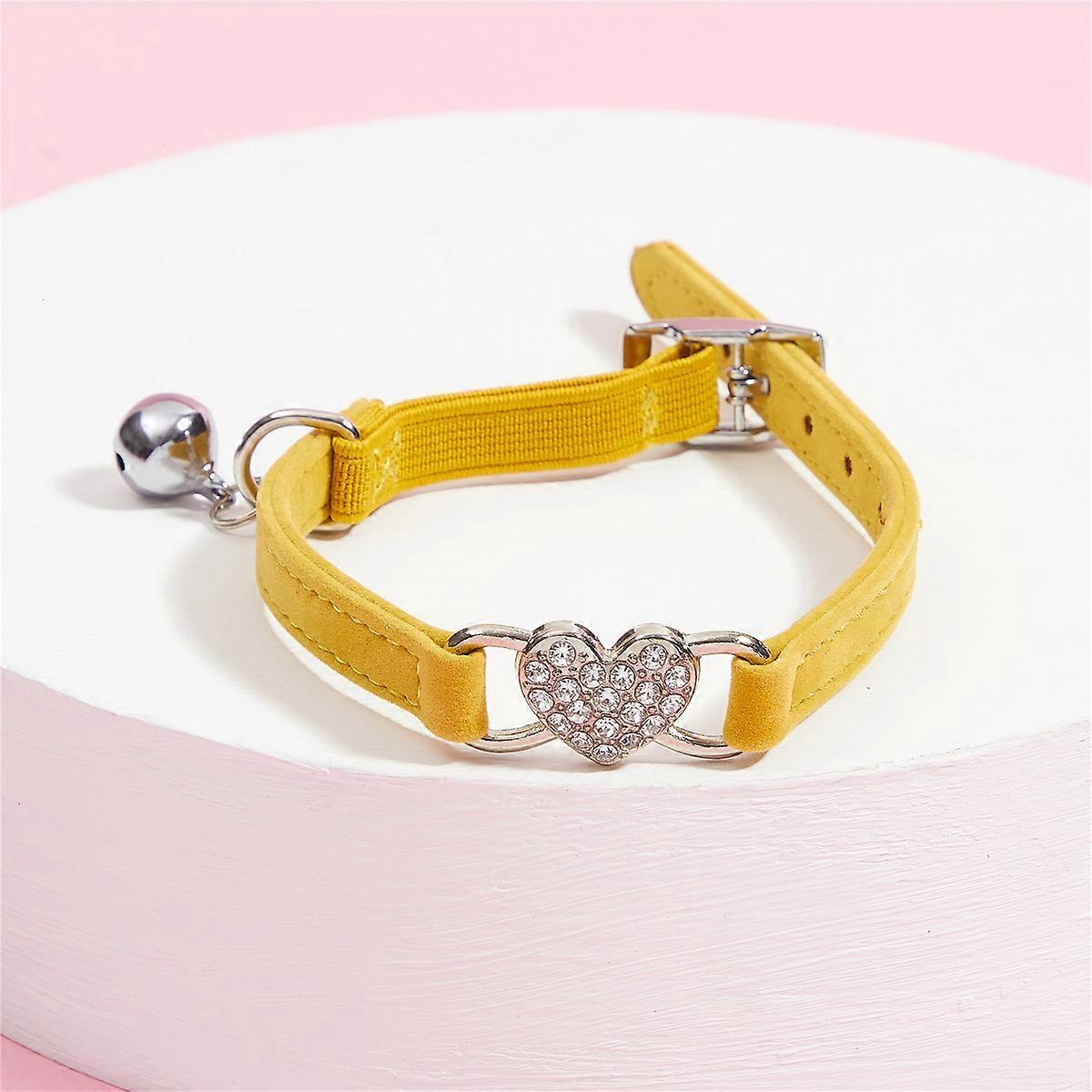 Lemon Yellow Velvet Cat Collar with Heart Pendant with Crystals and Bell, 28-30cm