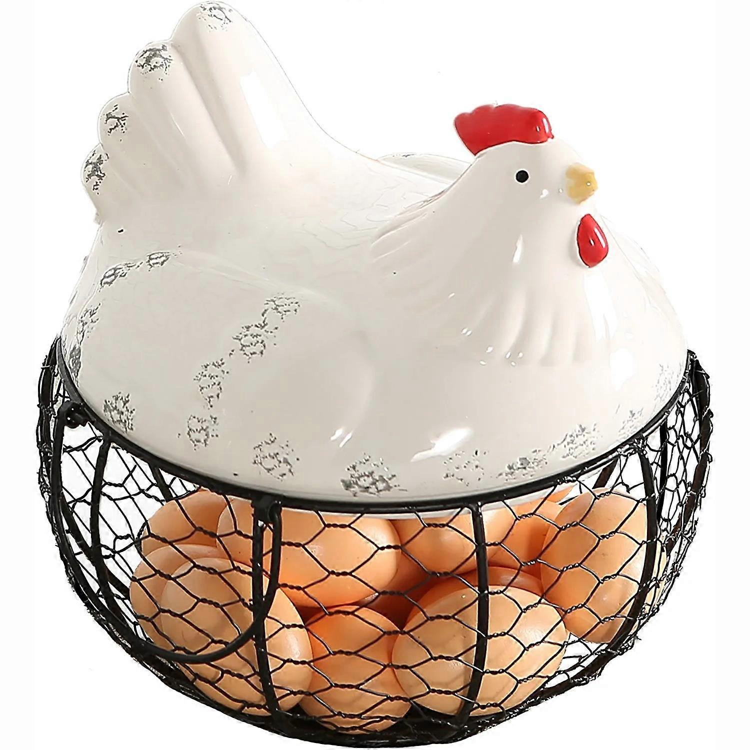 Egg Storage Basket with Ceramic Chicken Design Lid
