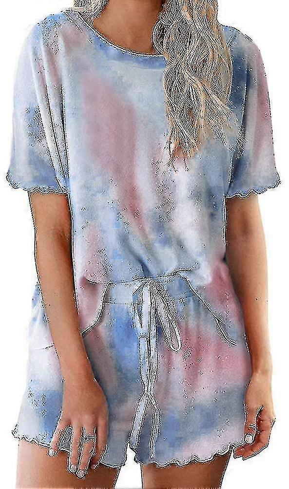 المرأة التعادل صبغ المطبوعة بيجامات مجموعة ملابس نوم ناعمة قمم طويلة الأكمام والسراويل القصيرة Loungewear مجموعات ملابس نوم مرنة - Snngv