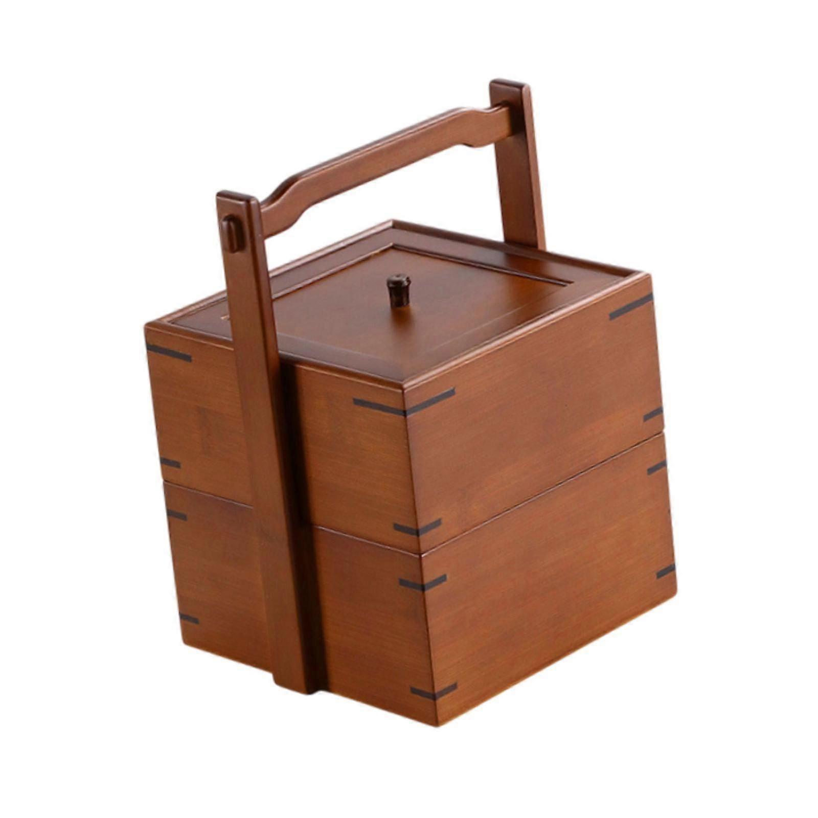 Portable Bamboo Food Storage Box with Lid and Handle for Cake Mooncake Bread S