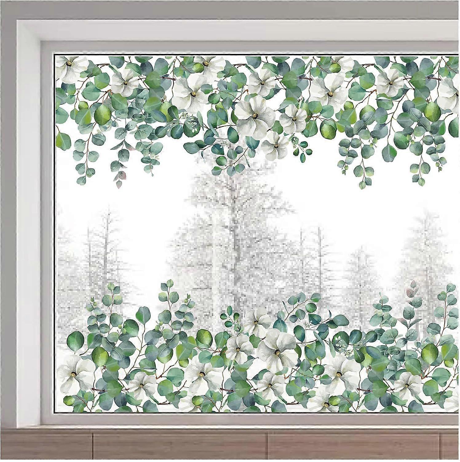 45.7x15 Inch Eucalyptus Leaves Window Clings Large Spring Green Leaf Flowers Window Decals Summer Hanging Vine Window Stickers Double-Sided Static Fil