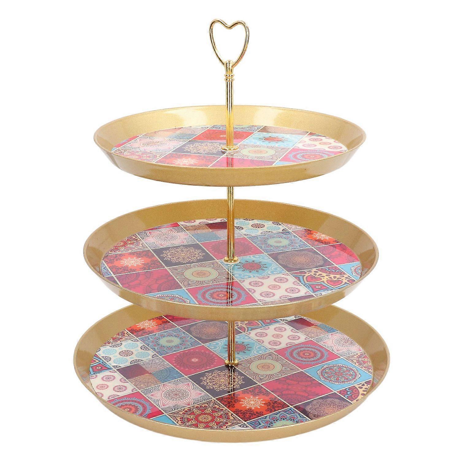 3 Tier Serving Tray Golden Luxury Round Shape 3 Tier Layered Metal Cake Dessert Fruit Tray for Resta