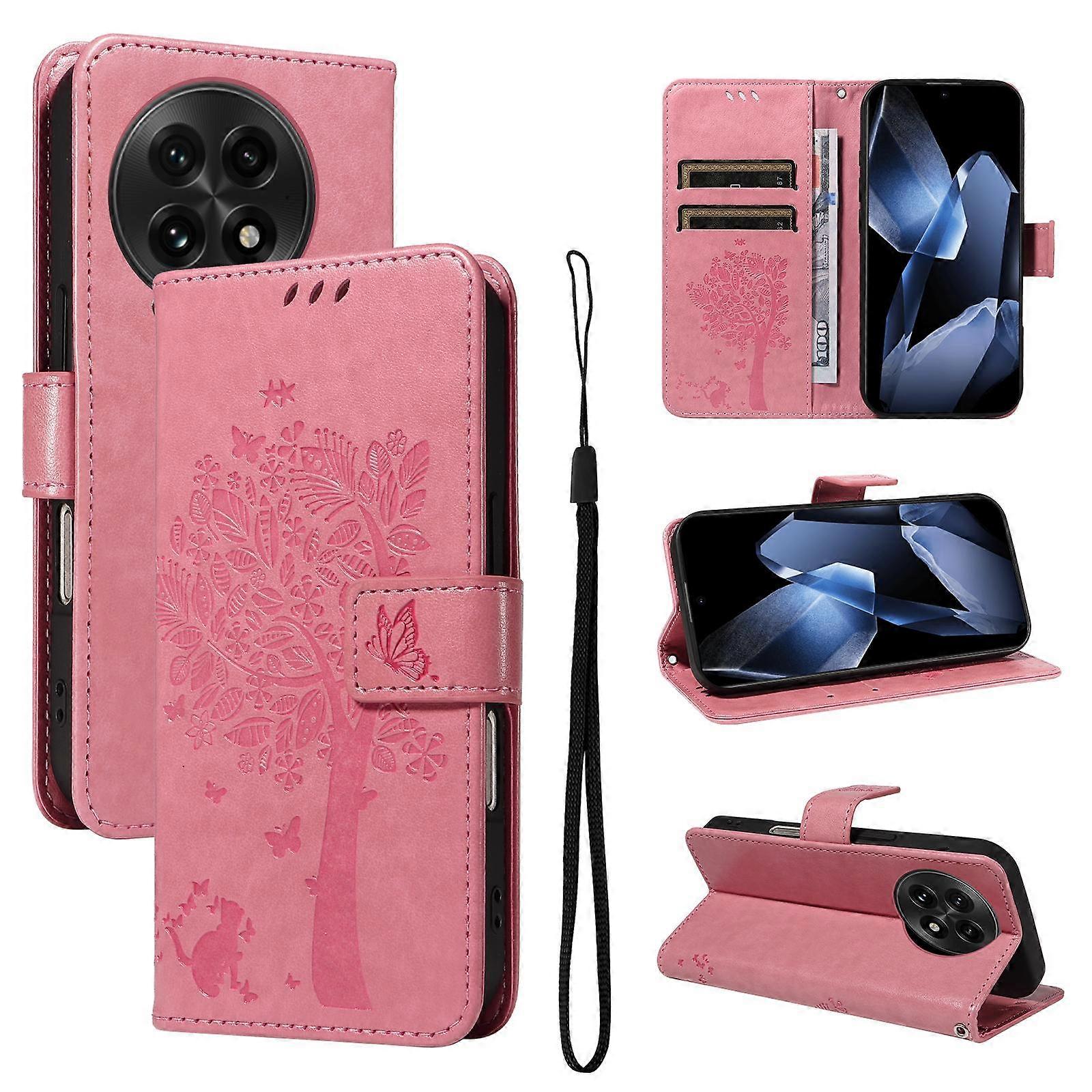 Tree & Cat Embossed Pattern Flip Leather Phone Case