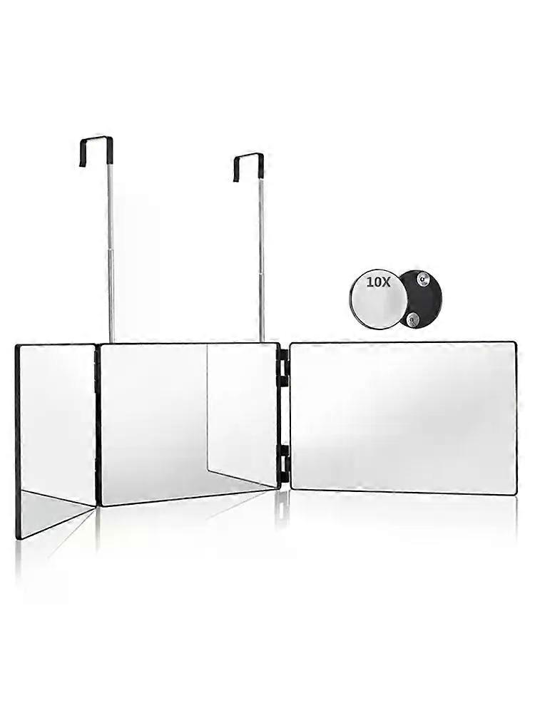 Black Portable 360 Trifold Mirror with Height Adjustable Telescoping Hooks Ideal for Self Hair Cutting Makeup Essential Fordable