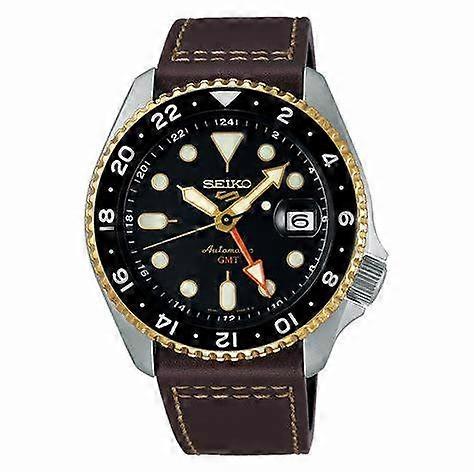 Seiko 5 Sports Ssk036k1 Automatic Gmt Men's Watch - Black Dial, Brown Leather Strap