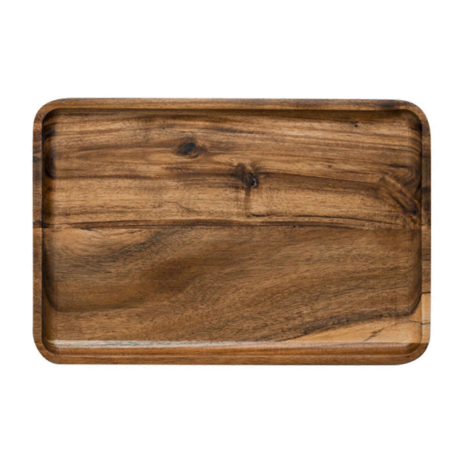 Rustic Solid Natural Wood Tray Rectangular Grooved Handle Design Food Holder for Coffee Table Dining Table Office Desk 30*20