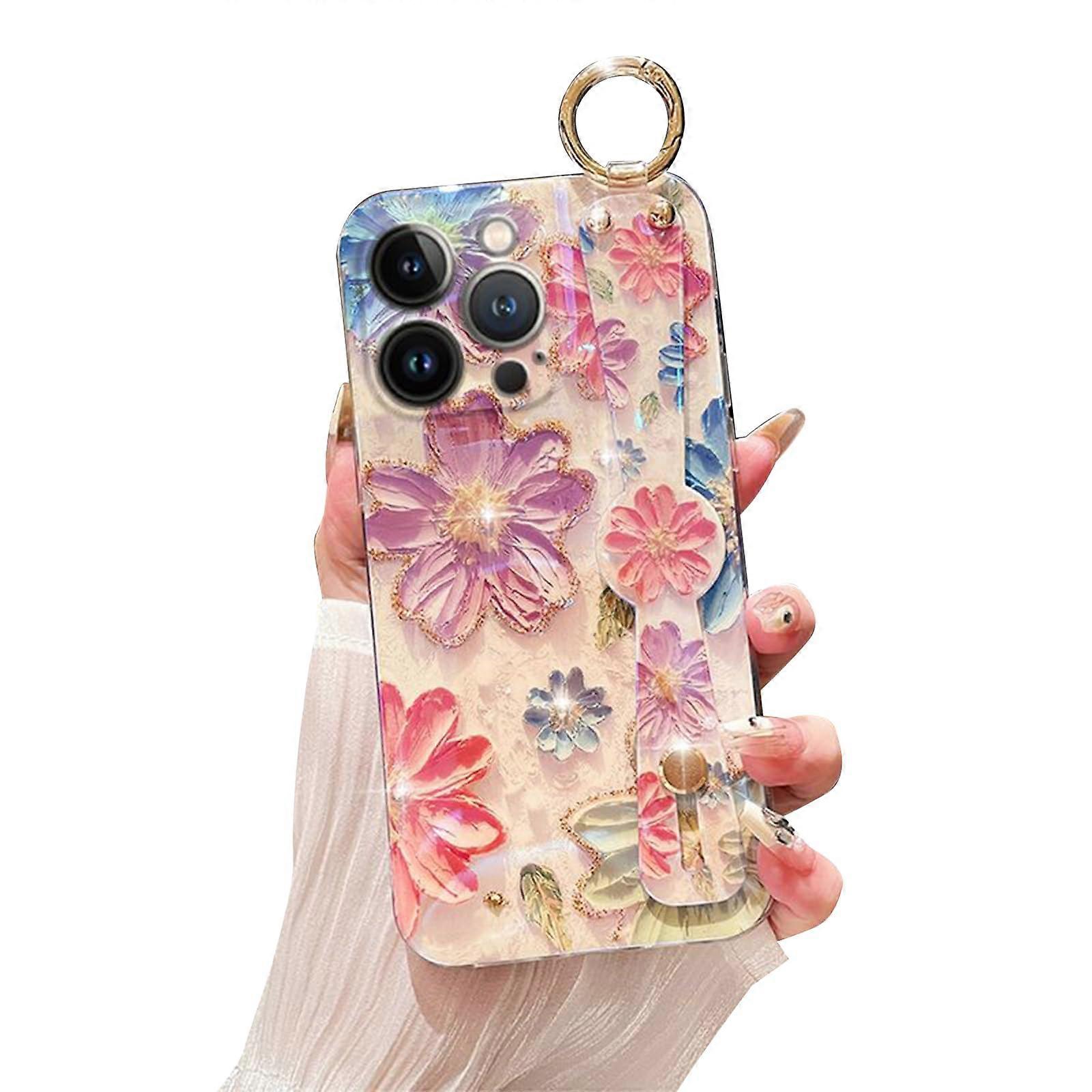 Hand Strap Holder Case For 6.7 Inch iPhone 12 Pro Max With Kickstand Adjustable Handle Grip Shockproof Cherry Blossom