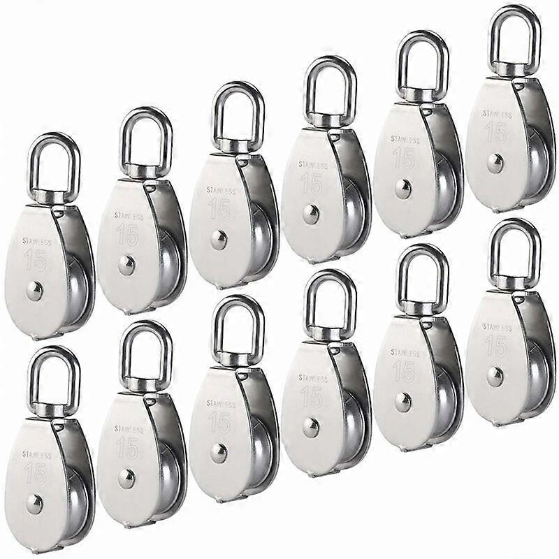M15 304 Stainless Steel Single Pulley, 15MM Single Pulley Block Roller, Crane Pivot Smooth Hook Wire Rope Cable Loading 77lbs / 35Kg (12 Pieces)