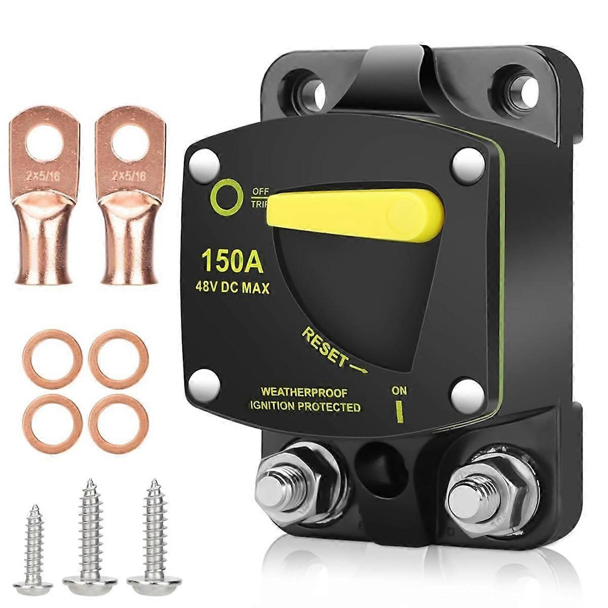 150Amp Circuit Breaker W/Manual Reset Switch DC 12-48V High Amperage,W/Wire Lugs Copper Washer for Car Audio RV Marine