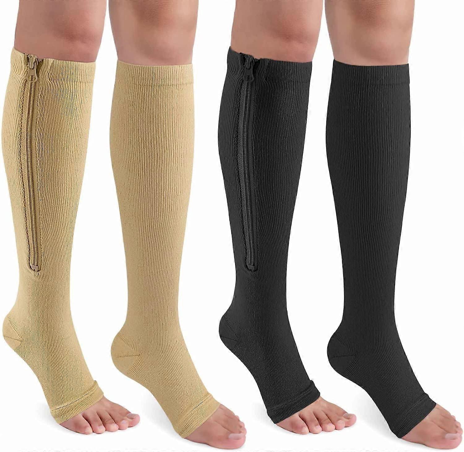 Zipper Compression Socks 15-20 mmHg for Women & Men, Open Toe Knee High Support for Varicose Veins and Edema, 2 Pairs
