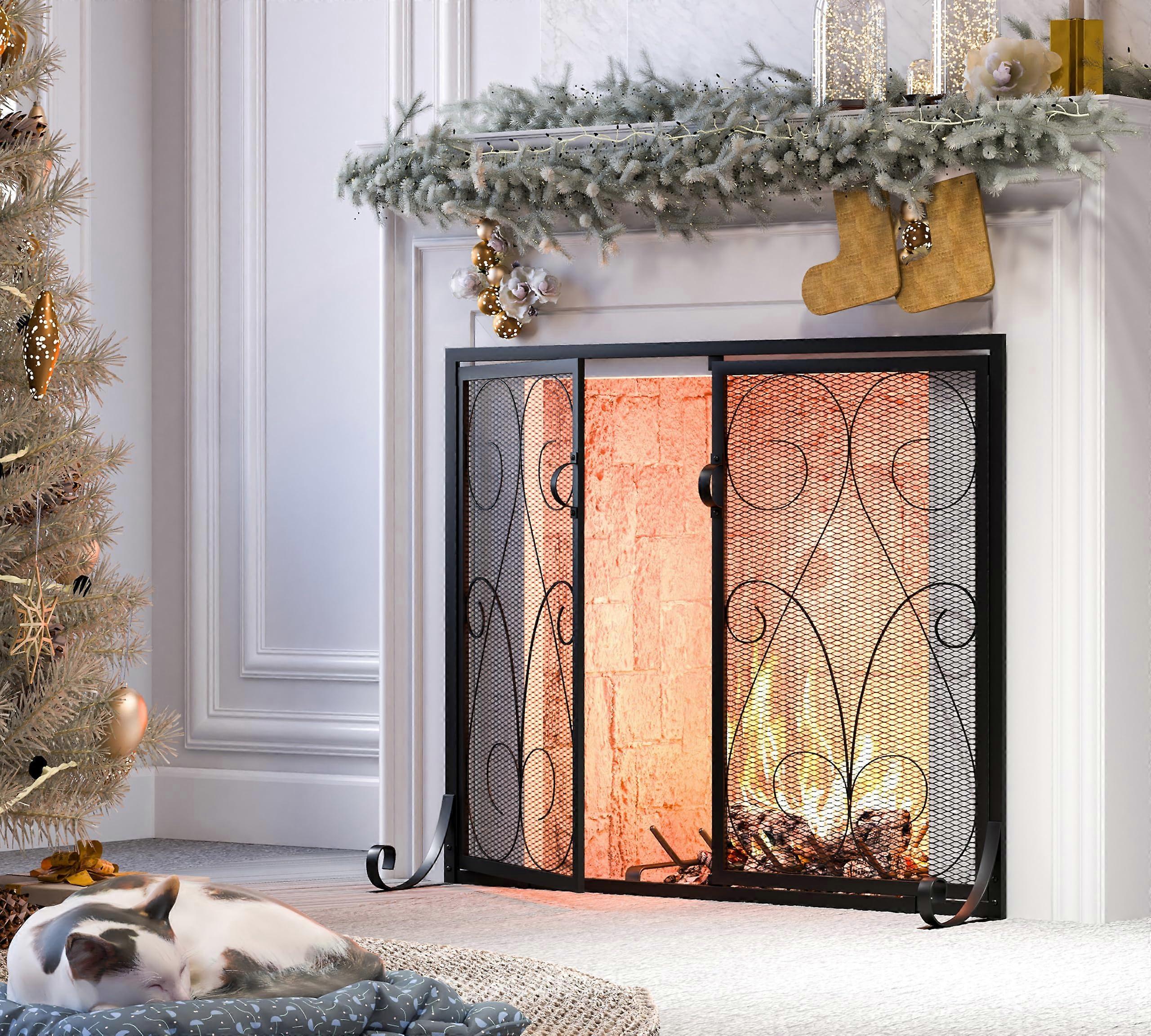 2Panel Fireplace Screen with Doors Handcrafted Wrought Iron Decorative Mesh, Symmetric Scroll Fire Spark GuardBlack